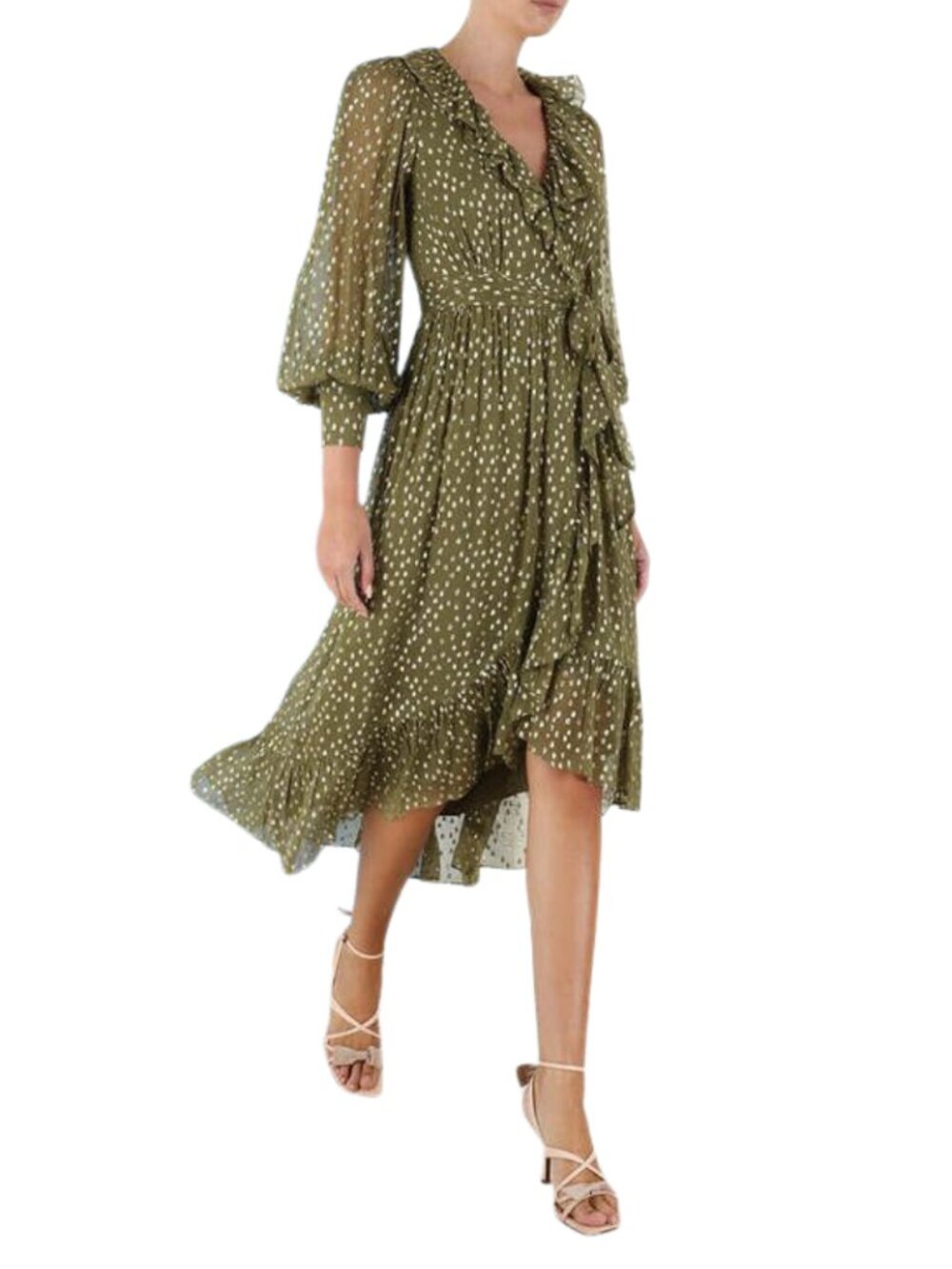 Zimmermann Lurex Wrap Midi Dress with Metallic Gold  Polka Dot Details.  Sz S